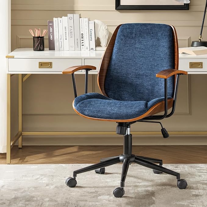 Modern Ergonomic Office Chair with Wood Frame & Metal Base, Swivel Home Office Desk Chairs with Adjustable Height, Comfy Upholstered Computer Chair, Navy