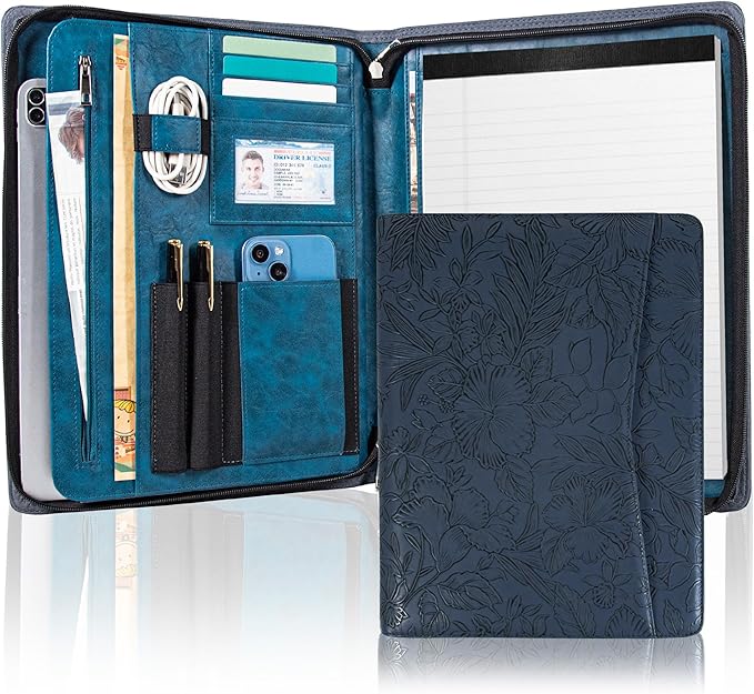 Dark Blue Embossed Portfolio Binder,Padfolio for Men and Women,Vegan PU Leather Padfolio with Zipper,A4 Planner Folder with Laptop Pocket, WorkBinder Organizer for Resume/Interview