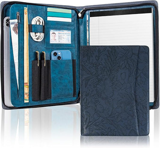 Dark Blue Embossed Portfolio Binder,Padfolio for Men and Women,Vegan PU Leather Padfolio with Zipper,A4 Planner Folder with Laptop Pocket, WorkBinder Organizer for Resume/Interview