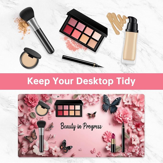 Dual-Sided Waterproof Synthetic Leather Makeup Mat for Desk, Makeup Station, Crafts, Multi-Use Scratch & Stain Resistant Surface Protector Pad for Vanity, Desktop, Craft Table (Butterfly)