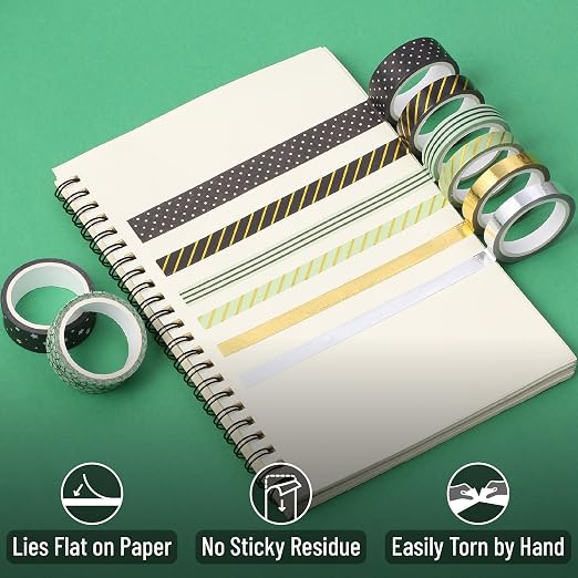 Mr. Pen- Washi Tape Set, 8 Rolls, Assorted Sizes, 5 Yards/Roll | Gold Foil Decorative Tape for Scrapbook, Arts, Crafts, Journals and Planners, Midnight Garden