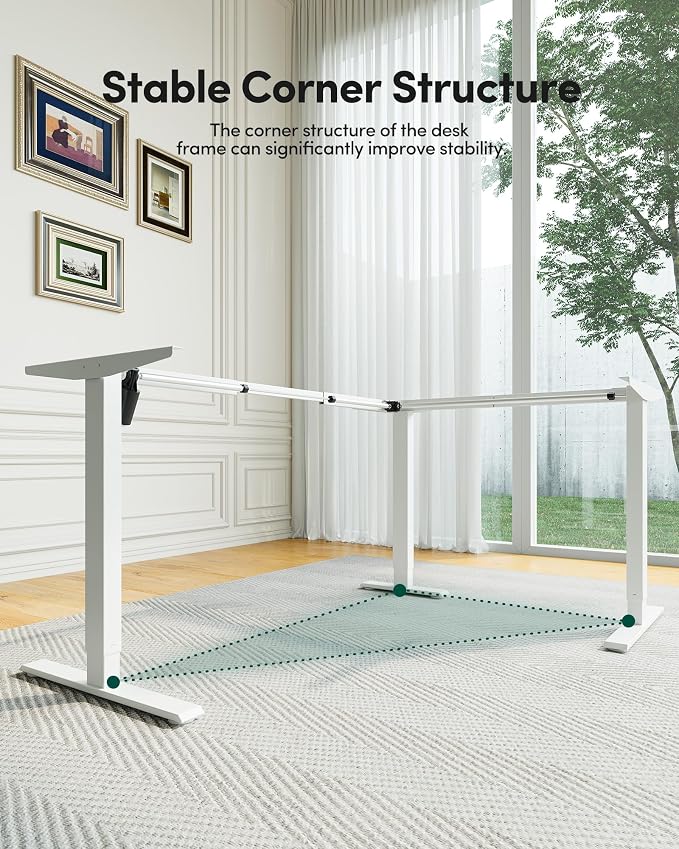 FEZIBO L Shaped Electric Standing Desk, 63 x 48 inch Large with Drawers | Reversible Tabletop, 2 Memory Height Settings | Home Office & Gaming Height-Adjustable Table, White（2 Packages）