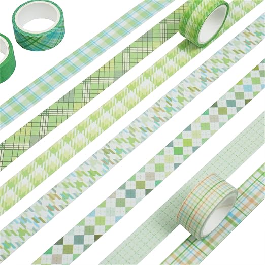 Basic Grid Washi Tape Set 12 Rolls Plaid Decorative Masking Tapes for Arts, DIY Crafts, Journals, Planners, Scrapbook, Wrapping (Green)