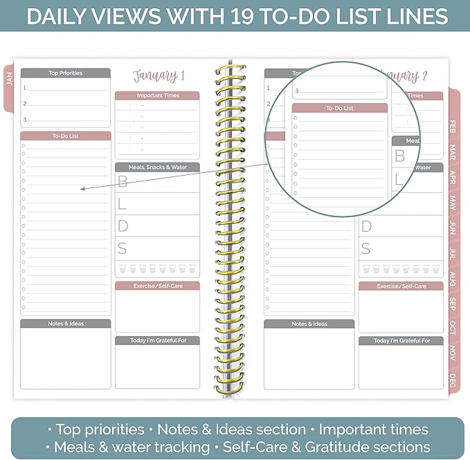 bloom daily planners New Undated Bound To Do List Notebook - Hardcover Spiral Page A Day Daily Planner with Task & Appointment Tracking - 8.25" x 6.5" - Daydream Believer