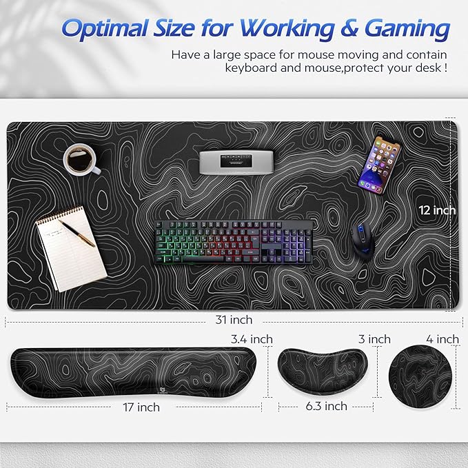 Gimars 4 in 1 Mouse Pad and Keyboard Wrist Rest Set, Large Mouse Pad with Memory Foam Wrist Support Pad for Desk with Coaster, Easy Typing Pain Relief, Gaming Office Home 31.5x12 in, Topographic Map