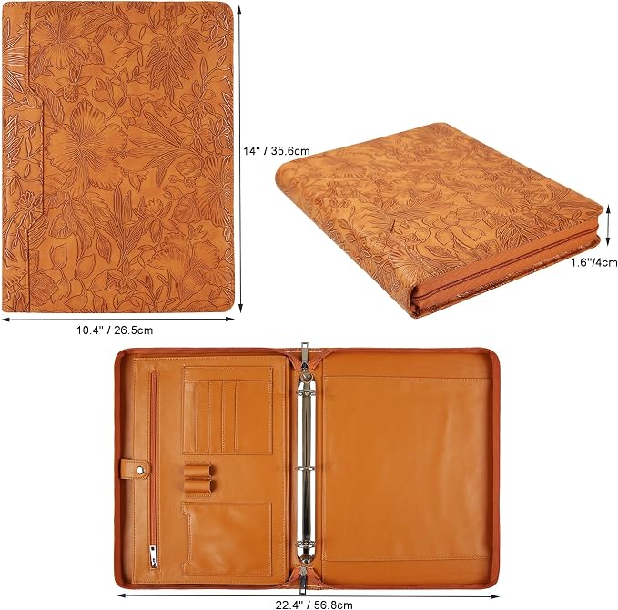 Vegan Leather Portfolio, Personalized 3 Ring Binder Padfolio for Women, Pink Leather, Handmade Organizer, Engraved Resume Folder (Brown Pattern, Custom)
