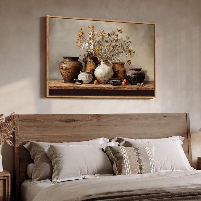 Framed Vintage Floral Pottery Kitchen Wall Art, Farmhouse Rustic Still Life Neutral Canvas Artwork for Walls, Retro Vase Flower Painting Print for Dining Room Bedroom Living Room Wall Decor, 36x24 In