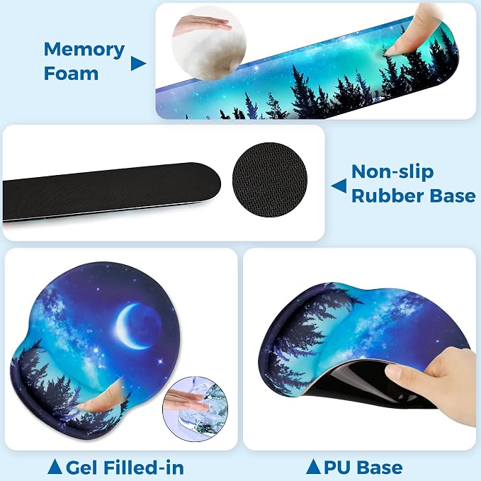 Mouse Pad and Keyboard Wrist Rest Support, with Non-Slip PU Base,Gel Mouse Pad with Coaster,Pain Relief for Gaming, Computer,Office -Forest Moon
