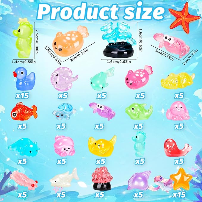 120PCS Luminous Mini Ocean Resin Animals 20 Style Glow in The Dark Tiny Sea Animal Figurines Miniature Plastic Animals Aquarium Decoration for DIY Crafts Fish Tank Potted Fairy Garden Dollhouse
