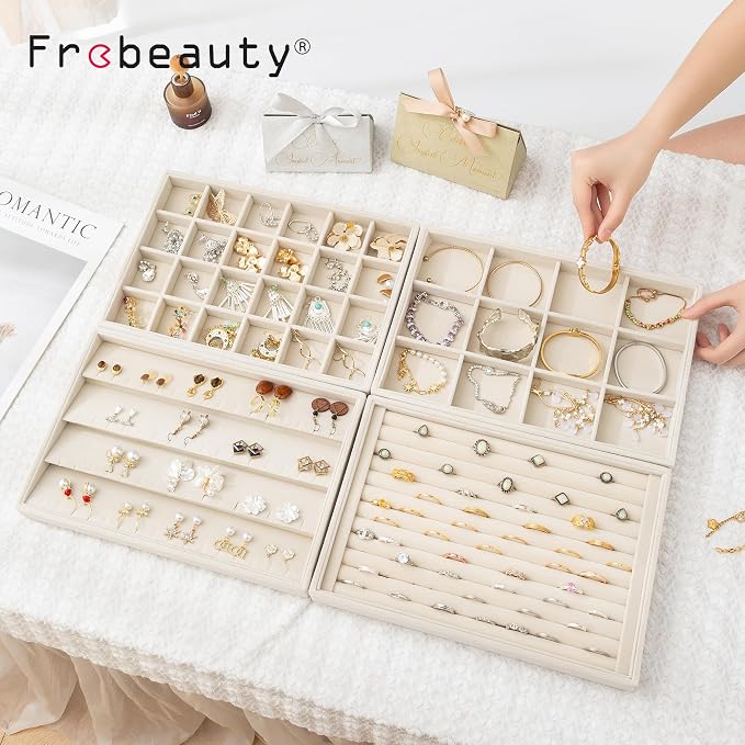 Jewelry Trays for Drawer,Set of 2 Jewelry Organizer and Storage | Velvet Material,Stackable,Adjustable Dividers,Drawer Inserts for Rings Studs Bracelet,Earring Organizer for Women Girls