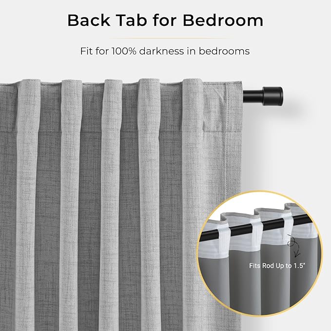 INOVADAY 100% Blackout Curtains for Bedroom, Grey Black Out Curtains 96 Inch Long, Clip Rings Linen Blackout Drapes, Thermal Insulated Room Darkening for Living Room, 2 Panels - W50xL96