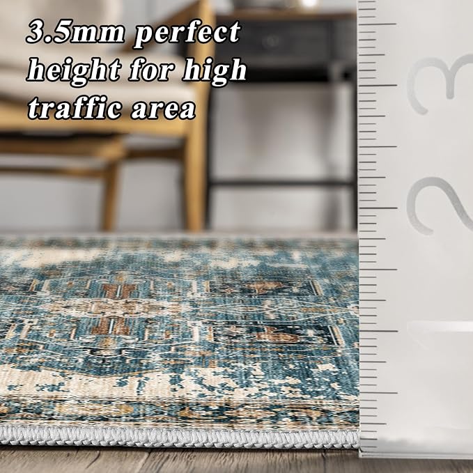RUUGME 10x12 Area Rug Washable - Vintage Lightweight Rugs for Bedroom Soft Area Rugs for Living Room Stain Resistant Carpet with Non Slip Backing Indoor Ultra-Thin Rugs Home Decor 10x12 Blue