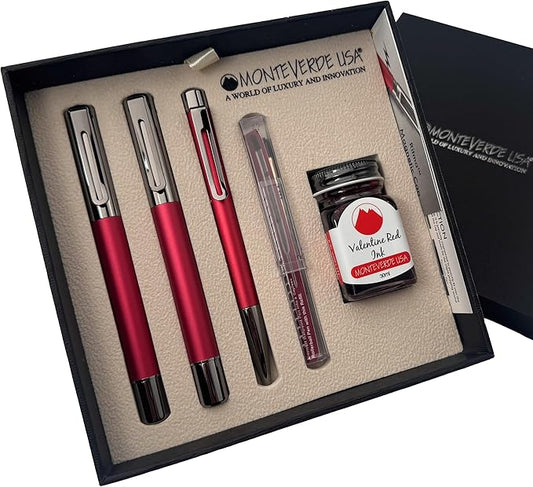 Monteverde Ritma 3+2 Piece Gift Set, Red - Includes Broad Nib Fountain Pen, Rollerball, Ballpoint, 30ml Ink & Refill - Luxury Writing Set for Pen Collectors & Professionals