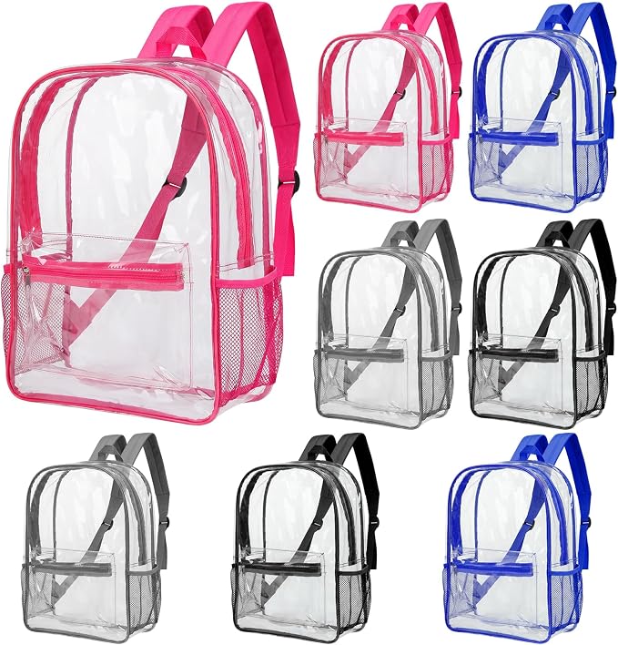 MADHOLLY 8 Pack Bulk Clear Backpack for School - 17" Large Transparent Bookbag for Kids/Girls/Boys/Charity/Stadium/Back to School Supplies, with Front and Side Bottle Pockets