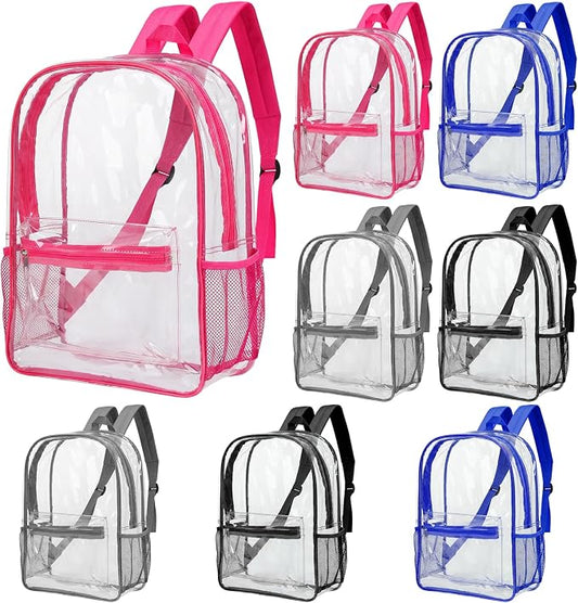 MADHOLLY 8 Pack Bulk Clear Backpack for School - 17" Large Transparent Bookbag for Kids/Girls/Boys/Charity/Stadium/Back to School Supplies, with Front and Side Bottle Pockets