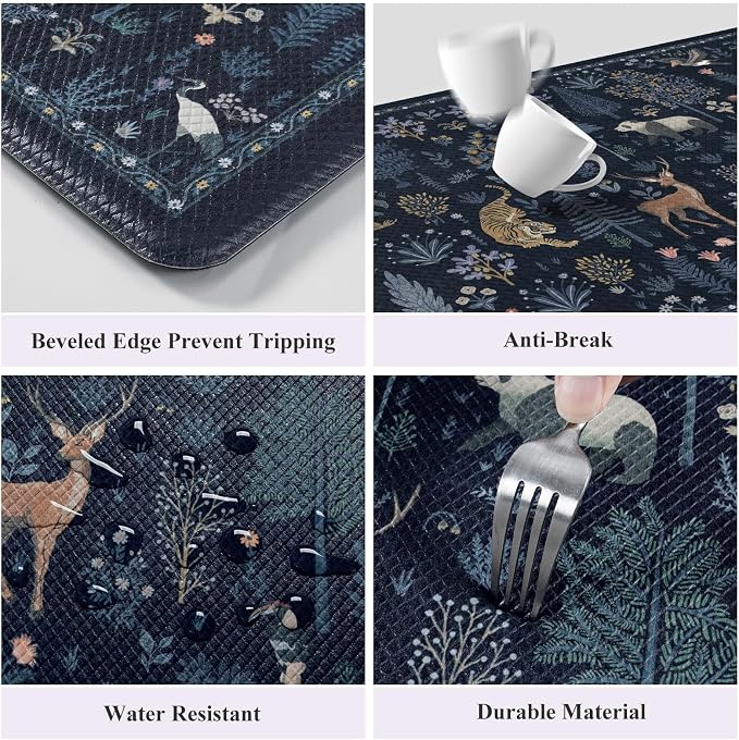 KIMODE Anti Fatigue Mats for Kitchen Floor,Cushioned Kitchen Rugs Sets of 2 | 17.3"x47"+ 17.3"x29",Dark Blue,Farmhouse Animal Forest Kitchen Rug Non Slip,Padded Kitchen Floor Mats for Laundry Sink Office