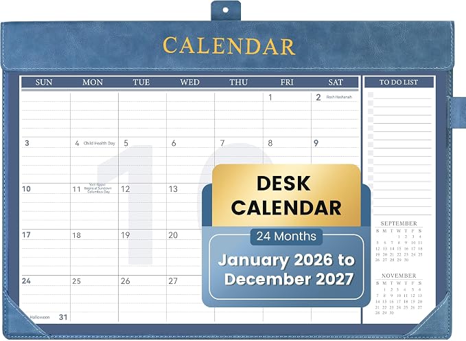 Yoment Desk Calendar 2026, Jan 2026-Dec 2027, 2026 Desk Calendar Large 17 x 12, 2026 Calendar with Plastic Cover, To-Do Lists, Leather Desktop Wall Calendar 2026-2027 for Office School Home, Blue