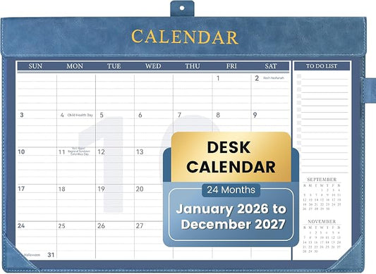 Yoment Desk Calendar 2026, Jan 2026-Dec 2027, 2026 Desk Calendar Large 17 x 12, 2026 Calendar with Plastic Cover, To-Do Lists, Leather Desktop Wall Calendar 2026-2027 for Office School Home, Blue