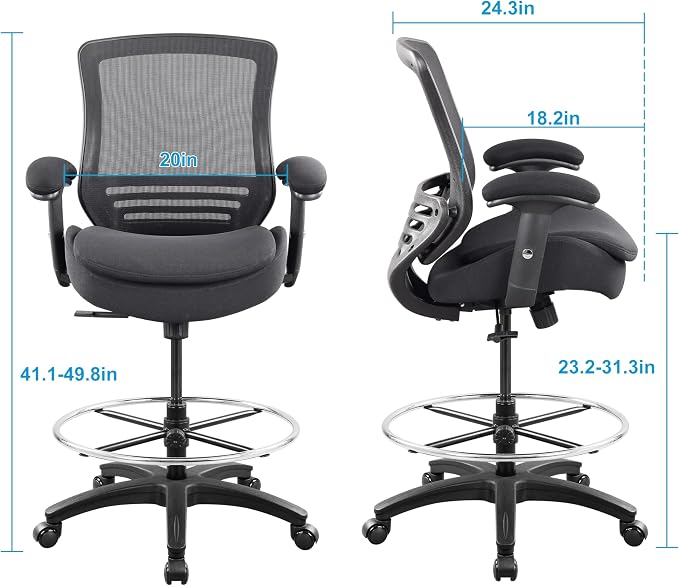 BOLISS 400lbs Ergonomic Office Drafting Chair Mid Mesh Back for Height Adjustable Desk 21inch Foot Ring Height Adjustable Armrest (Black) ﻿
