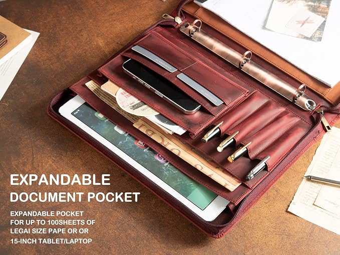 Personalized Genunie Leather Portfolio Binder, Customized Leather Portfolio for Men,3 Ring Binder Business Portfolio for Women, Organizer for A4 Legal Sized Notepad, Customized Gift, Red