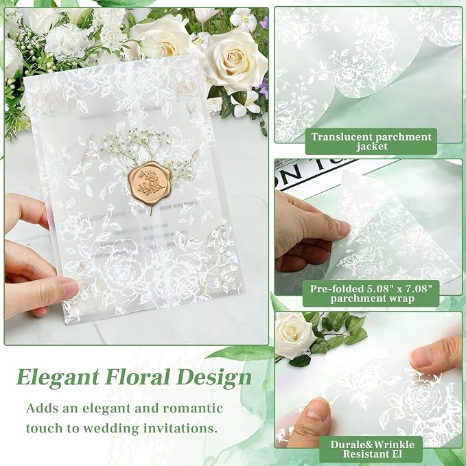 Wedding Invitation Accessories Kit, Pre-Folded Vellum Jackets for 5×7 Invitations with Wax Seal Stickers, Ribbon & Dried Flowers, Elegant Wedding Invitation Accessories for DIY Bridal Invites (White-Rose, 50)