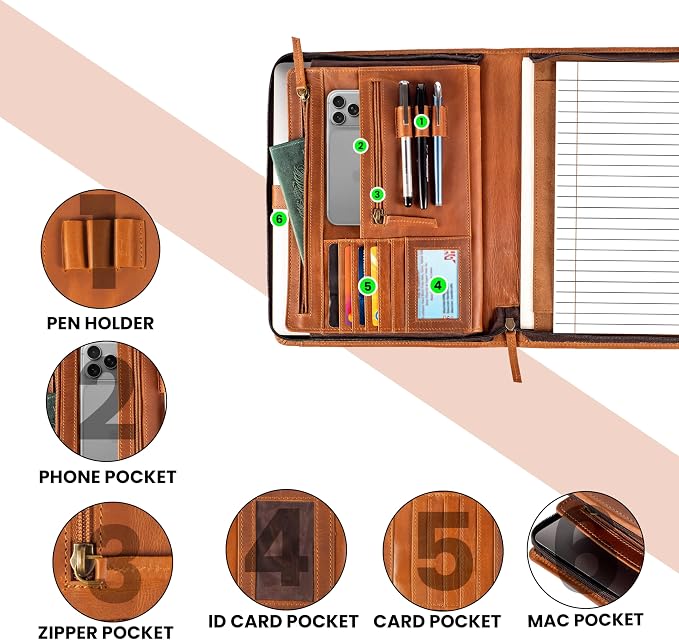 LEATHER VILLAGE Leather Portfolio Organizer - Professional Business Padfolio for Men & Women - Stylish Document Card Holder, Folio for A4/Letter Size Writing Legal Pad, Tan