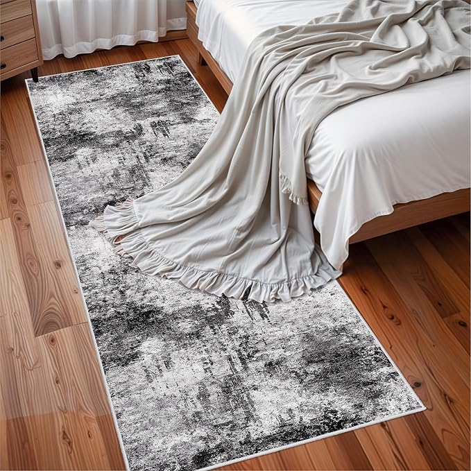 RUUGME 3x8 Runner Rug for Hallway: Abstract Washable Non-Slip Wide Carpet for Kitchen Floor Entryway Bedroom - Soft Boho Modern Low-Pile Throw Floor Mat for Home Decor (3x8 Black-White)