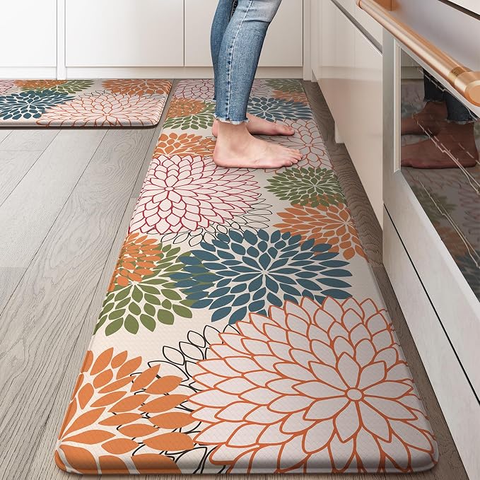KIMODE Kitchen Rugs and Mats Cushioned Anti Fatigue 2PCS Standing Mat | 17"x59"+17"x29",Boho Floral,Non-Skid,Waterproof,Kitchen Runner Rug,Comfort Foam Paded Mat for Floors Office Laundry Sink