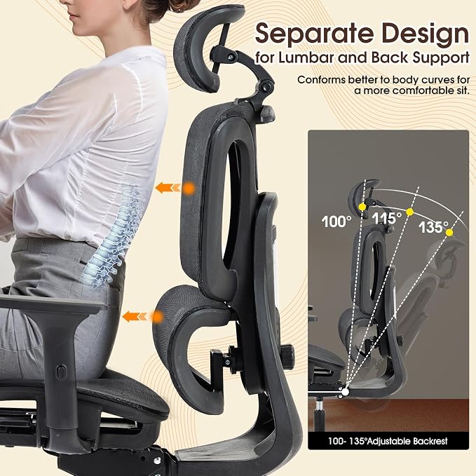 Black Ergonomic High Back Mesh Office Chair | Adjustable Lumbar, 3D Armrests, Headrest, 135° Recline, Large Steel Base, Swivel, for Home Office