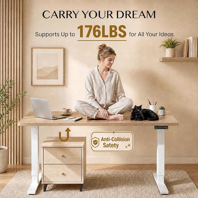 Grandder 47x32 Large Electric Standing Desk, Height Adjustable Computer Desk with 2 Memory Presets, 31.5" Deep Desktop Sit Stand Desk Home Office Desk Workstation Table with Hooks, Maple