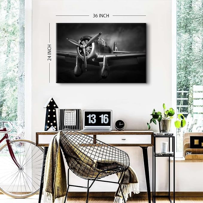 Airplane Canvas Wall Art for Men Bedroom, Black and White Military Plane Turbine Propeller Picture Wall Decor Living Room Vintage Aircraft Prints Paintings Artwork for Walls Home Decorations 24x36"