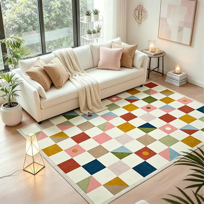 Terrug Multicolored Geometric Checkered Rug for Bedroom, 4x6 Area Rugs Washable with Non Slip for Living Room, Soft Low Pile Stain Resistance Carpet for Kids Room