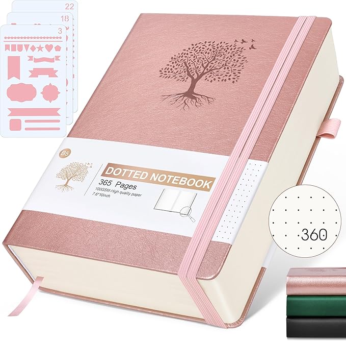 Dotted Journal Notebook, 360 Numbered Pages Bullet Dot Grid Journals, 100gsm Dot Paper Thick Hardcover Leather Journal for Writing Women Men, B5 Big Dotted Grid Notebooks 7.6'' X 10'' Pink