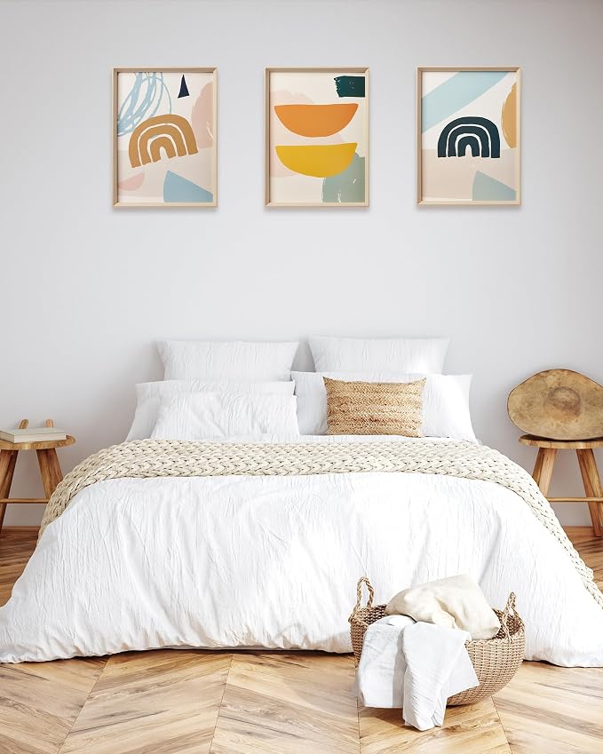Framed Boho Wall Art for Bedroom,Abstract Canvas Wall Decor,12x16IN Minimalist High Framed Wood Design Prints for Living Room,Bathroom Set of 3