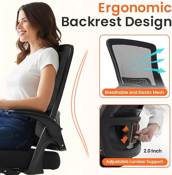 NEO Chair Mesh High Back Chair Home Office Ergonomic Computer Adjustable Height Desk Chair with Lumbar Support Padded Flip-up Armrest Swivel Executive Chair (Mesh Black)