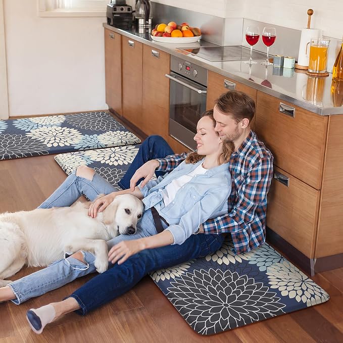 KIMODE Anti Fatigue Kitchen Mats 2PCS Kitchen Mat for Floor Cushioned | Dahlia Boho, Kitchen Rugs Non Slip Rubber Backing Farmhouse Waterproof Standing Mat for Kitchen Sink Desk Mutil-Blue