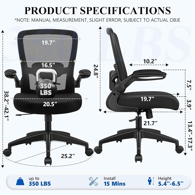 FelixKing Office Chair, Ergonomic Desk Chair Breathable Mesh Chairs Adjustable High Back Lumbar Support Flip-up Armrests, Executive Rolling Swivel Comfy Computer Chairs Home Office Black