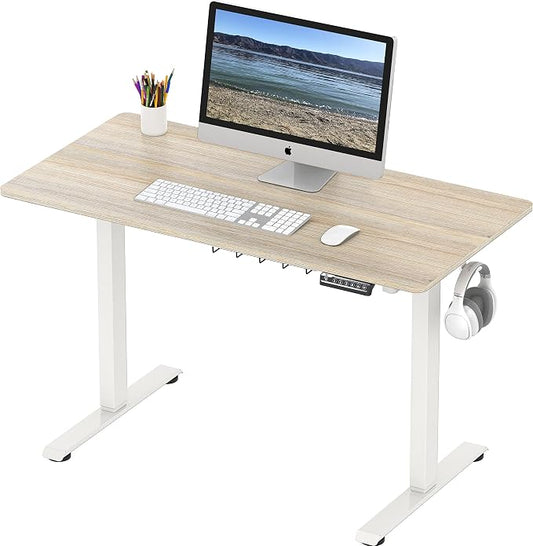 SHW 48-Inch Electric Height Adjustable Sit to Stand Desk with Hanging Hooks and Cable Management, White Frame and Maple Top