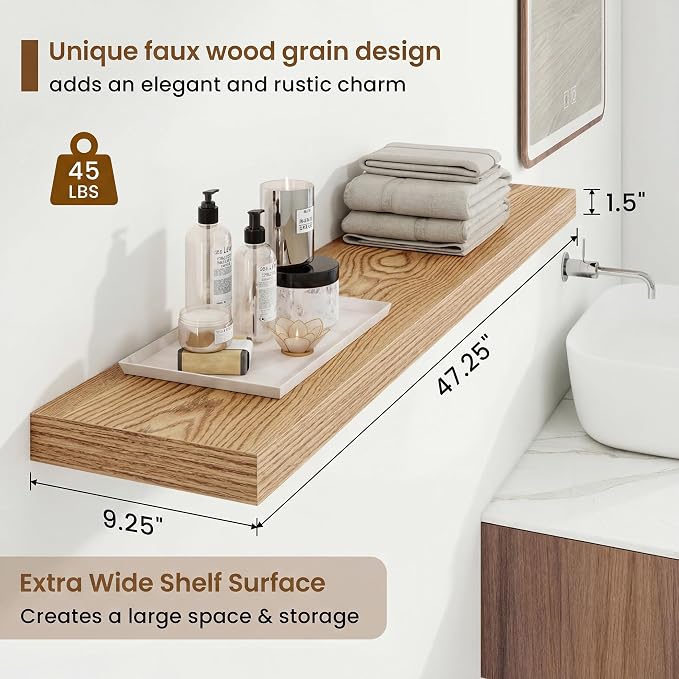 Marsmiles 48in Floating Shelves for Wall, 48" W x 9.25" D x 1.25" H, 2 Pack Long Wall Mounted Engineered Wood Shelves with Invisible Brackets for Living Room, Bedroom, Bathroom, Kitchen, Cedar