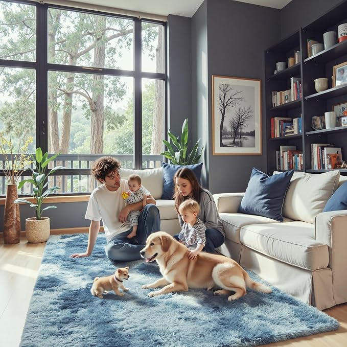 Rugs for Living Room 5x8, Alfombras para Salas Shag Large Plush Soft Area Rug, Shaggy Carpets for Bedroom,Boys Girls Home Decor Aesthetic(Dark Blue Tie-Dyed, 5 x 8 Feet)