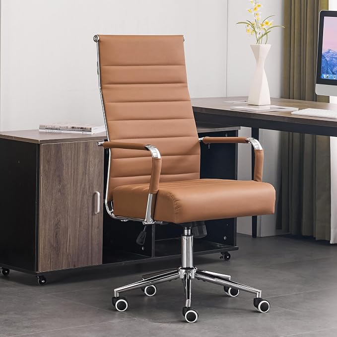 JOMEED Office Desk Chair,Conference Room Chair,High Back PU Leather Swivel | Modern Executive Ribbed Design, Ergonomic, Height Adjustable, Wheels and Arms, for Home Office(Brown-Silver Frame)