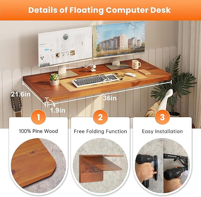 IAE Floating Wall Mounted Folding Table Desk with Pine Wood,36" x 22" Folding Workbench,Fold Down wall Mounted Foldable Table with Shelf Brackets,Laundry Folding Table for Apartment,Home,Kitchen,Teak