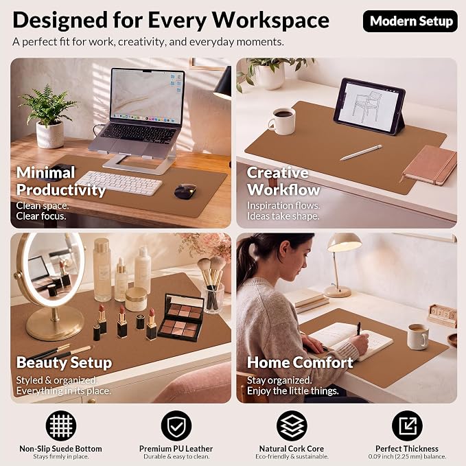 AFIING Leather Desk Mat, Brown, 31.5" x 17", Cork Desk Pad Protector | Dual-Sided Cork & PU Leather Desk Pad, Waterproof, Non-Slip for Mouse, Writing, Office, Home & Study