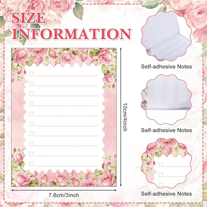 Chiisong 12 Pcs Cute Sticky Notes for Women Gift Floral Sticky Notes Teacher to Do List Notepad Pretty Memo Pad Rose Flower Notepads for Plant Lover Wedding Gift Home Teacher Office Supplies