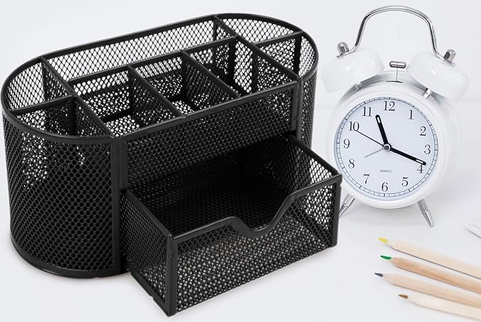 GPCT Office School Home/Teacher Supplies Mesh Desk Pen Organizer. Comes W/ 4 Pencil Cups For Highlighters/Pens/Sharpie, 4 Square Compartments For Paper Clips/Sticky Notes & 1 Supply Drawer- Black