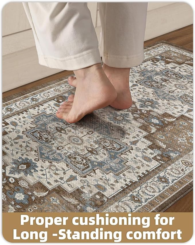 Color&Geometry Kitchen Floor Mat 24x87 Faded Vintage Anti Fatigue, Brown | 0.4in Cushion Standing Mat For Cooking/Working/Laundry, Boho Decor, Non Slip PVC Kitchen Rug, Oil/Water Proof, Anti Slip