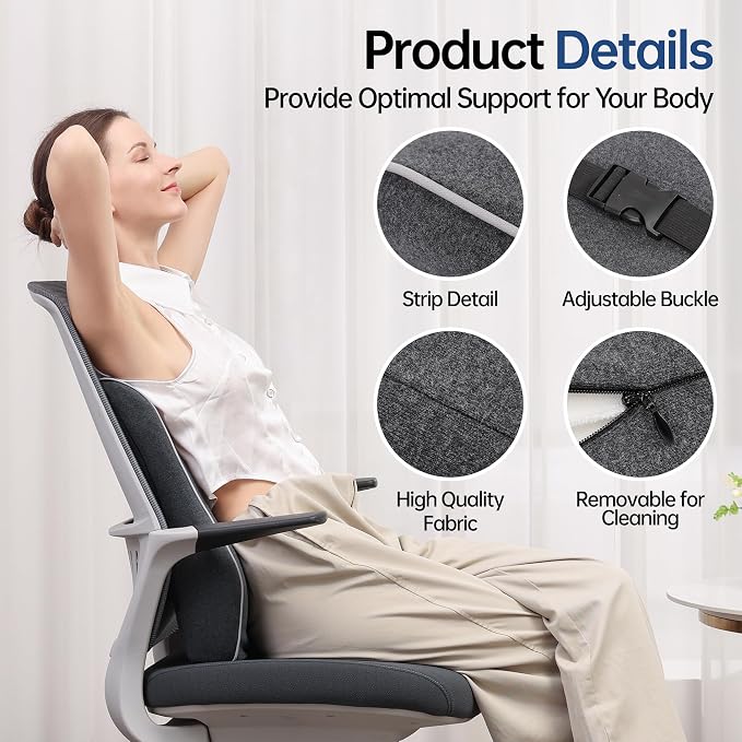Plush Comfortable Memory Foam Lumbar Support Pillow - Soft Back Cushion for Office Chair, Car Seat, Gaming Chair - Ergonomic Lower Back Pain Relief with Adjustable Straps & Washable Cover-Dark Grey
