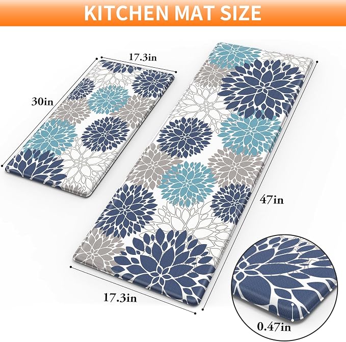 StepLively Kitchen Mats for Floor, 0.47" Anti Fatigue Mats for Kitchen Floor, Kitchen Decor and Accessories Non Slip Washable Mats Set of 2 for Sink, Laundry, 17.3"×30"+17.3"×47", Blue and White