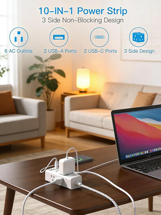 Flat Plug Extension Cord 25Ft, One Beat 900J Surge Protector Power Strip 25 Ft Long Cord with 6 Widely Outlets 4 USB Ports (2 USB C), Wall Outlet Extender Charging Station for College Dorm Room Office
