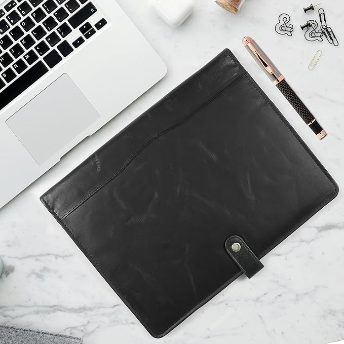 Leather Portfolio, Leather Binder with Pen, Resume Organizer & Padfolio for Men and Women | Business Portfolio with Card Holder & Document Organizer (Black)